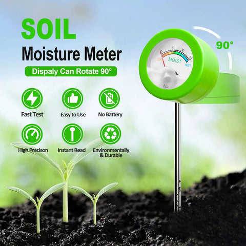 All In One Green Soil Moisture Meter Plant Water Monitor With Soil Hygrometer 200 Plus Plant Care Guide 100 pH Test Strips And Sample Tube No Battery Needed For Garden And Lawn, shown with rotating display in soil.