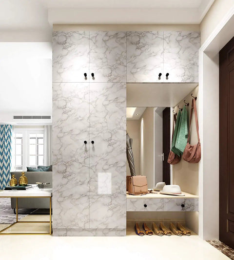Gray White Faux Marble Contact Paper Peel And Stick Vinyl on living room cabinets, self adhesive marble look decor.
