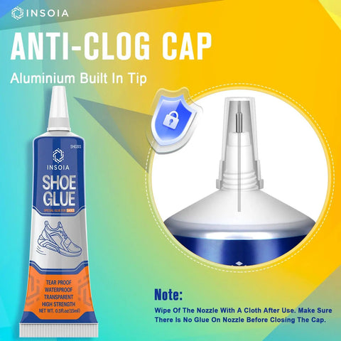 Heavy Duty Shoe Glue Repair Kit With 15ML X2 Adhesives showing anti-clog cap design and aluminum tip close-up