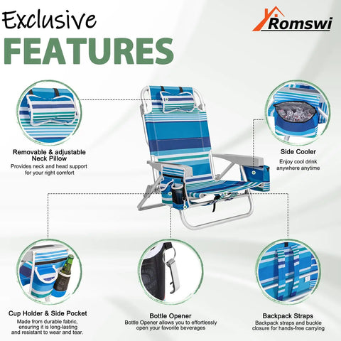 Image of Extra Wide 2 Pack Lay Flat Folding Beach Chairs with 5 Positions Aluminum Frame in Blue Stripes highlighting features.