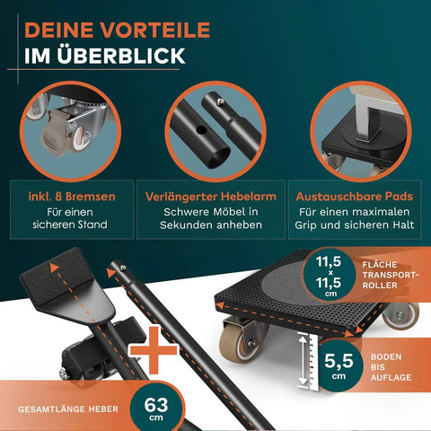 Premium Heavy Duty Furniture Mover Set With Locking Castors, features 63 cm lever arm for easy lifting and stable rolling.