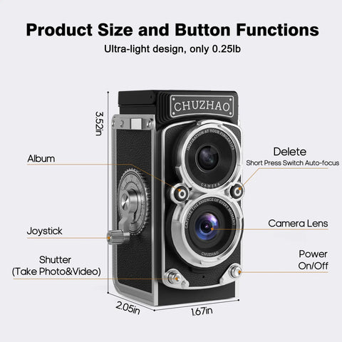 Retro TLR Style Pocket Camera For Beginners And Teens 1080P HD Video 12MP Autofocus with buttons labeled and size dimensions.