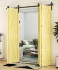 Beefed Up 96 Inch Bi Folding Sliding Barn Door Hardware Kit For Four Doors Up To 23 Inches Wide Each Heavy Duty 8 Foot Track System With Silent Nylon Rollers Smooth Quiet Operation Easy To Install Black Finish installed in living room.