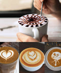 Various latte art designs in coffee cups, showcasing intricate heart, leaf, and cat patterns created with a latte art pen.