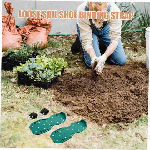 Gardener using Durable Nylon Lawn Aerator Shoe Straps for manual aerator shoes, securing fit, grassy area, green color visible