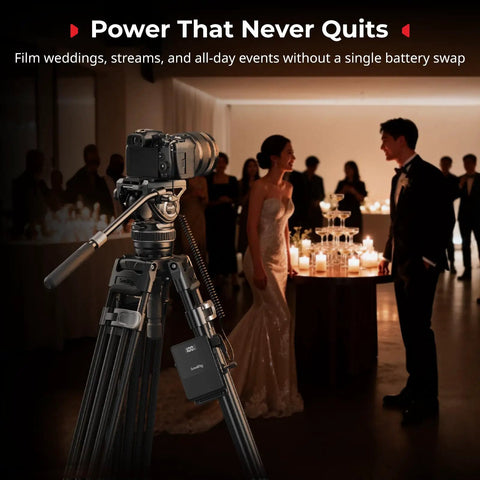 Camera setup with Dummy Battery With D Tap Power Adapter For Canon LP E6P capturing wedding scene