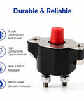 Heavy Duty 50 Amp Push Button Circuit Breaker Direct Drop In Replacement For Volvo Penta Mercruiser And Sierra Marine Systems, featuring a sturdy design and copper terminals.