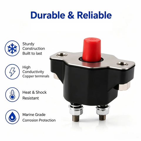 Heavy Duty 50 Amp Push Button Circuit Breaker Direct Drop In Replacement For Volvo Penta Mercruiser And Sierra Marine Systems, featuring a sturdy design and copper terminals.