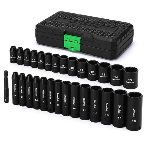 29-Piece 1/4-Inch Drive Impact Socket Set With Shallow And Deep 12-Point Sockets, CR-V Steel, Metric 4-15mm, case and drill adapter