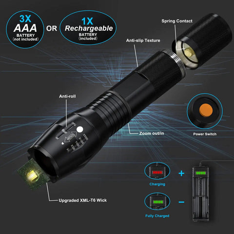 Close-up of a black Rechargeable LED Flashlight 12000 Lumens with chargers and batteries included, highlighting features and design.