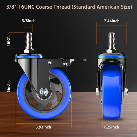Side and front view of 4 Inch Heavy Duty Stem Caster Wheels Set Of Four With Locking Swivel Casters 2000 Lbs Capacity Threaded Stem 3/8 Inch 1 Inch