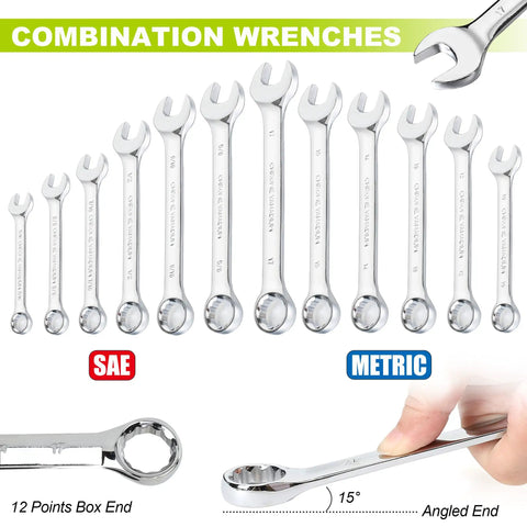 249-Piece Mechanics Tool Set Must-Have Pro Grade With One-Half, Three-Eighths, And One-Quarter Inch SAE And Metric Sockets, combination wrenches