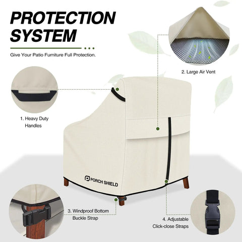 Patio Chair Covers 2 Pack Waterproof Outdoor Lounge Deep Seat Fit 30W x 33D x 34H Beige, Fadeproof 600D Polyester With UV Protection And Double Stitching showing protection features.