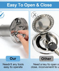 Comparison of keyless marine gas cap vs traditional cap; keyless 1-1/2 inch twist-lock stainless steel vs key-required cap