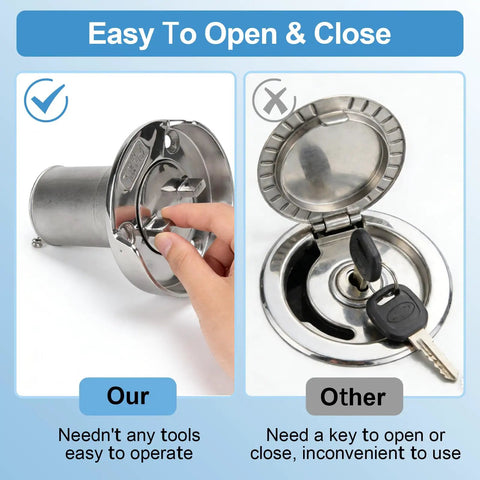 Comparison of keyless marine gas cap vs traditional cap; keyless 1-1/2 inch twist-lock stainless steel vs key-required cap