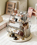 Sturdy Clear Swivel Makeup Organizer, 360 Slick Spin Lazy Susan Tray For Vanities with various beauty products neatly displayed.