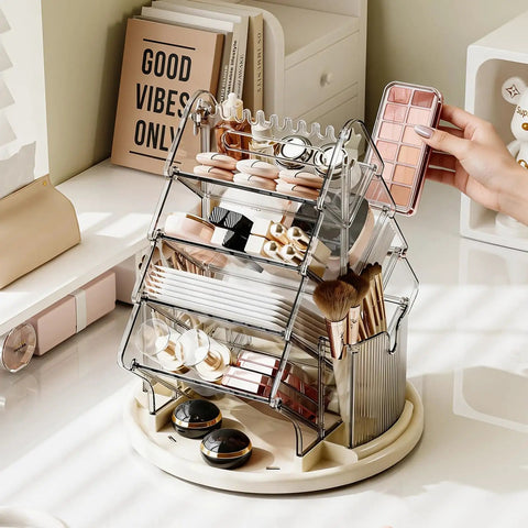 Sturdy Clear Swivel Makeup Organizer, 360 Slick Spin Lazy Susan Tray For Vanities with various beauty products neatly displayed.
