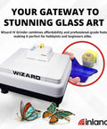 Slick Heavy Duty Electric Stained Glass Grinder With High Torque Motor And Precision Grinding Wheel For Buttery Smooth Cuts And Legit Pro Grade Craft Finishes Every Time, showing wizard grinder with colorful stained glass. 