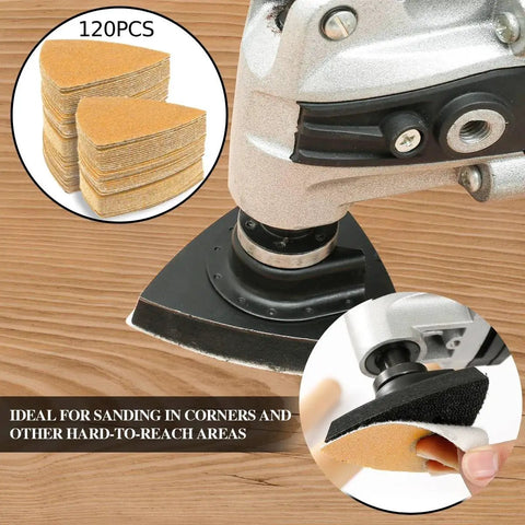 Close-up of 206 Piece Oscillating Tool Sanding Pad Kit in use on wood surface, showing triangle sandpapers for corners.