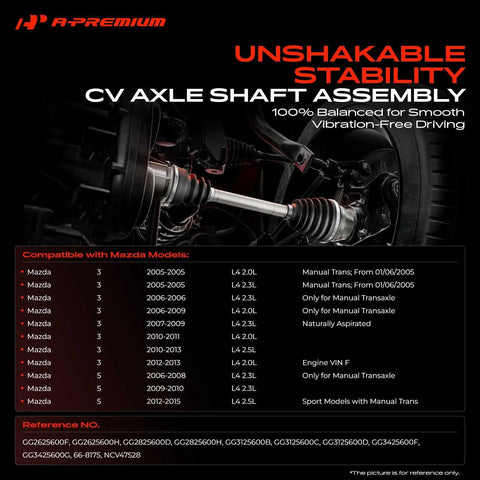 CV Axle Shaft Assembly For Mazda 3 Front Left Driver Side 2005 To 2013 2006 To 2010 2012 To 2015 2.0L 2.3L 2.5L Manual Transaxle Replacement Part GG2625600H GG2825600D