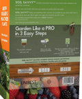 Back of Ready To Use Soil Test Kit For Your Yard And Gardens With Full PH And 14 Nutrient Analysis And Tailored Fertilizer Recommendations On A Clear Report And Summary packaging showing usage instructions.
