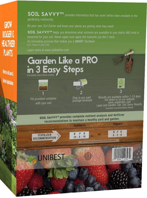 Back of Ready To Use Soil Test Kit For Your Yard And Gardens With Full PH And 14 Nutrient Analysis And Tailored Fertilizer Recommendations On A Clear Report And Summary packaging showing usage instructions.