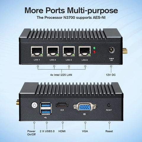 Ready To Roll Fanless Micro Firewall Appliance Heavy Hitter featuring four Intel I226 Ethernet ports and multiple connections.