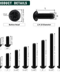 Rock Hard 1/4-20 X 1 Inch Button Head Security Screws crafted from premium 304 stainless steel, various sizes displayed with measurements.