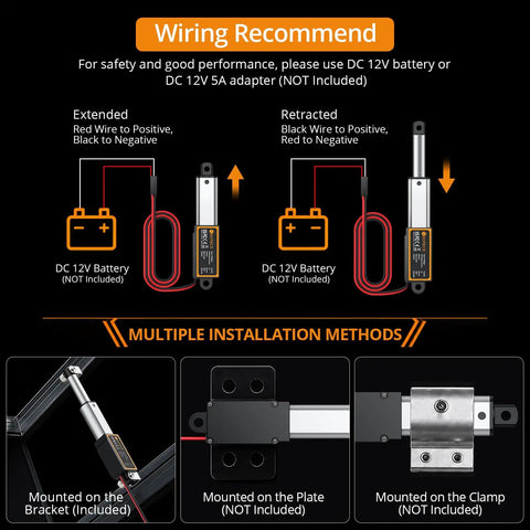 Wiring instructions for Straight Shooting 12 Volt Telescoping Linear Actuator With One Point Two Inch Stroke, showing setup options.