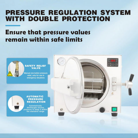 Front view of an 18L lab autoclave sterilizer with open door, LED display, and gauge.