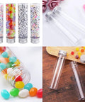18 Pack 115 Ml Clear Plastic Test Tubes With Screw Caps Flat Bottom Great For Bath Salts Candy Party Favors Weddings Christmas Decor And DIY Craft Projects In Clear PET Containers, filled with beads and candy