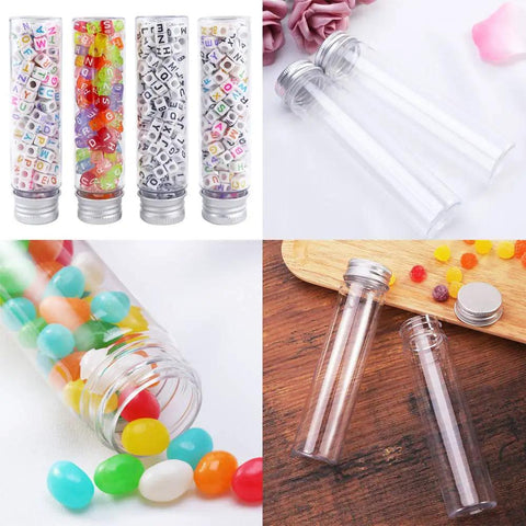 18 Pack 115 Ml Clear Plastic Test Tubes With Screw Caps Flat Bottom Great For Bath Salts Candy Party Favors Weddings Christmas Decor And DIY Craft Projects In Clear PET Containers, filled with beads and candy