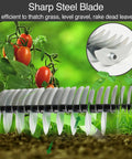 Sharp steel blades of Beastly Heavy Duty Thatch Rake for lawns with 54 inch handle and 13 inch wide head, 11 tines dethatcher shown.