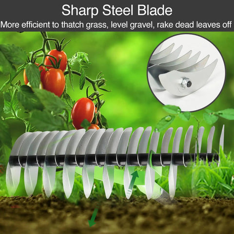 Sharp steel blades of Beastly Heavy Duty Thatch Rake for lawns with 54 inch handle and 13 inch wide head, 11 tines dethatcher shown.