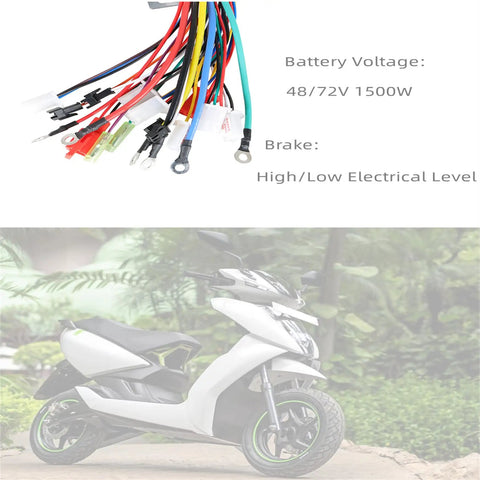 Dual Voltage 48V 72V 1500W Brushless DC Motor Controller For E-Bikes And Scooters with wiring harness and scooter image.