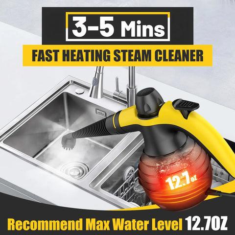 Powerful Handheld Steam Cleaner With 1050watts Fast Heating And 230 Degree Hot Water Jet in action cleaning a kitchen sink.