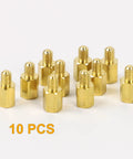 Hardcore Heavy Duty M3 Hex Brass Standoff Spacers 10 Piece Set showing 10 brass standoffs with male threads for DIY tech projects.