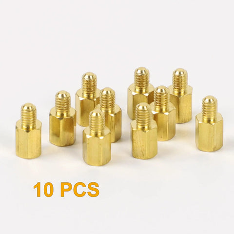 Hardcore Heavy Duty M3 Hex Brass Standoff Spacers 10 Piece Set showing 10 brass standoffs with male threads for DIY tech projects.