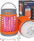 Two Pack Solar Bug Zapper For Outdoor Patio Waterproof Mosquito Zappers 3 In 1 Cordless Rechargeable Mosquito Repellent Flashlight Indoor Killer Orange showing plastic shell with purple zapper light and flashlight feature.