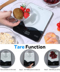 Digital Kitchen Scale 22lb 10kg USB C Rechargeable With Tempered Glass Top Easy Clean LED Touch Screen shown with tare function