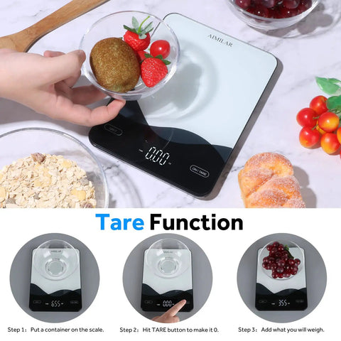 Digital Kitchen Scale 22lb 10kg USB C Rechargeable With Tempered Glass Top Easy Clean LED Touch Screen shown with tare function