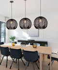 Coastal Industrial Rattan Chandelier With Black Round Wicker Shade Pendant Lamp for living room or dining area.