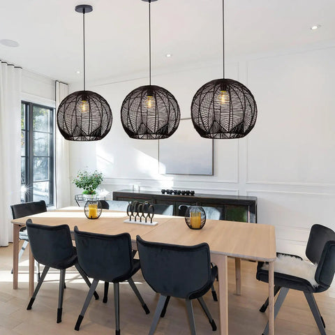 Coastal Industrial Rattan Chandelier With Black Round Wicker Shade Pendant Lamp for living room or dining area.