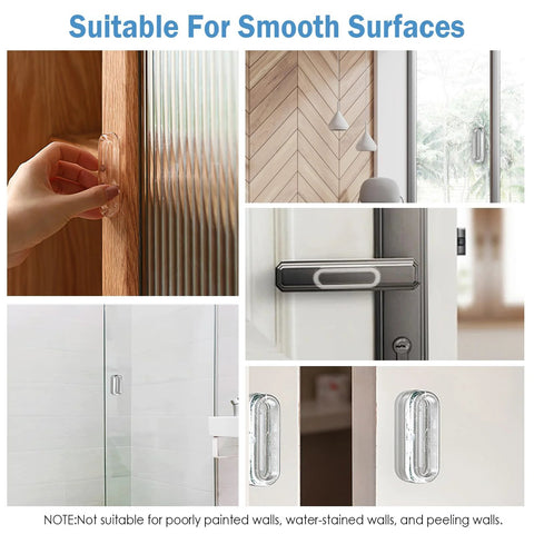 Four Pack Clear PU Self Adhesive Recessed Finger Pulls Oval Sliding Door Handles installed on various surfaces