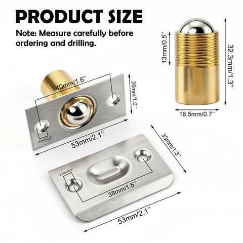 Two Pack Adjustable Ball Door Catches for Internal and Closet Doors size dimensions diagram in metal finish