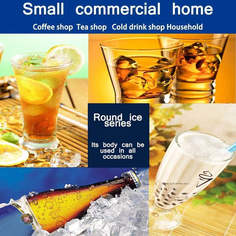 Heavy Duty Stainless Steel Ice Maker Churning Out Fifteen Kilograms Rapid Clear Ice For Compact Countertop Setup Straight Up Fast Two Twenty Volt Kitchen Gear That Brings Home Bar Vibes Every Time Without Any Fuss Ever Smooth Operator, showcasing beverages with round ice.