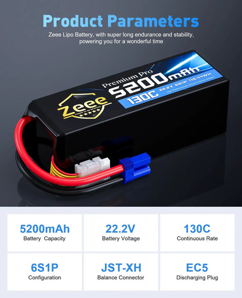 Race Ready 6S LiPo Battery 5200mAh 22.2V 130C Ultra Low IR Soft Pack With EC5 Connector, product specifications display