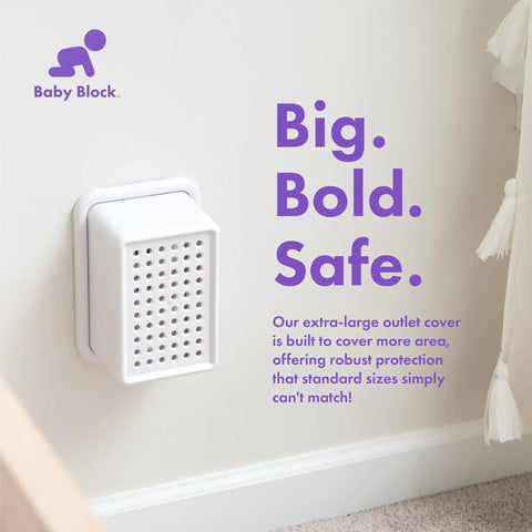 Extra Large Outlet Cover Box for Baby Proofing bulky plugs and wide adapters, white, installed in a room with text 'Big. Bold. Safe.'