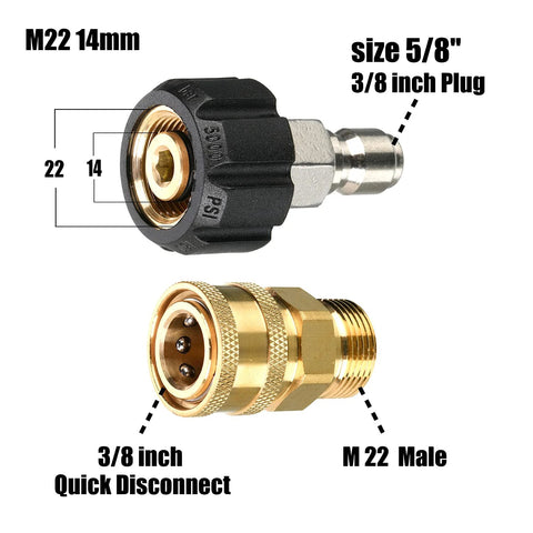 Front view of two pressure washer adapters: black M22 female with brass inner, brass M22 male with 3/8in quick-disconnect.