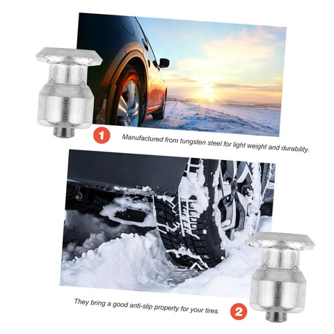 Gonna Crush Ice With 50 Piece Winter Tire Snow Studs Tungsten Spike Screws For Cars Trucks And Motorcycles No Sweat Install Anti Skid Design Top Shelf Traction Upgrade Gear, close-up of tungsten spike screw next to snowy tire.